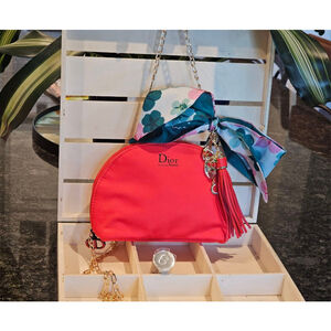 Christian Dior Red Clutch w/Crossbody Chain, Charms & Twilly Added NWOT + brush